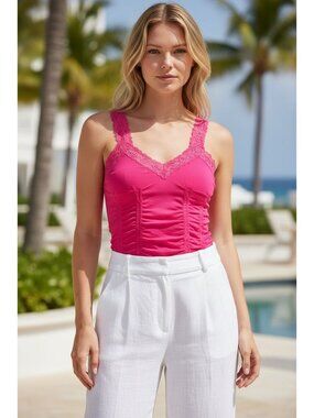 Bongo Lace Trim Corset Cami Stretch Womens Size L/XL Pink Slimming Ruching NEW